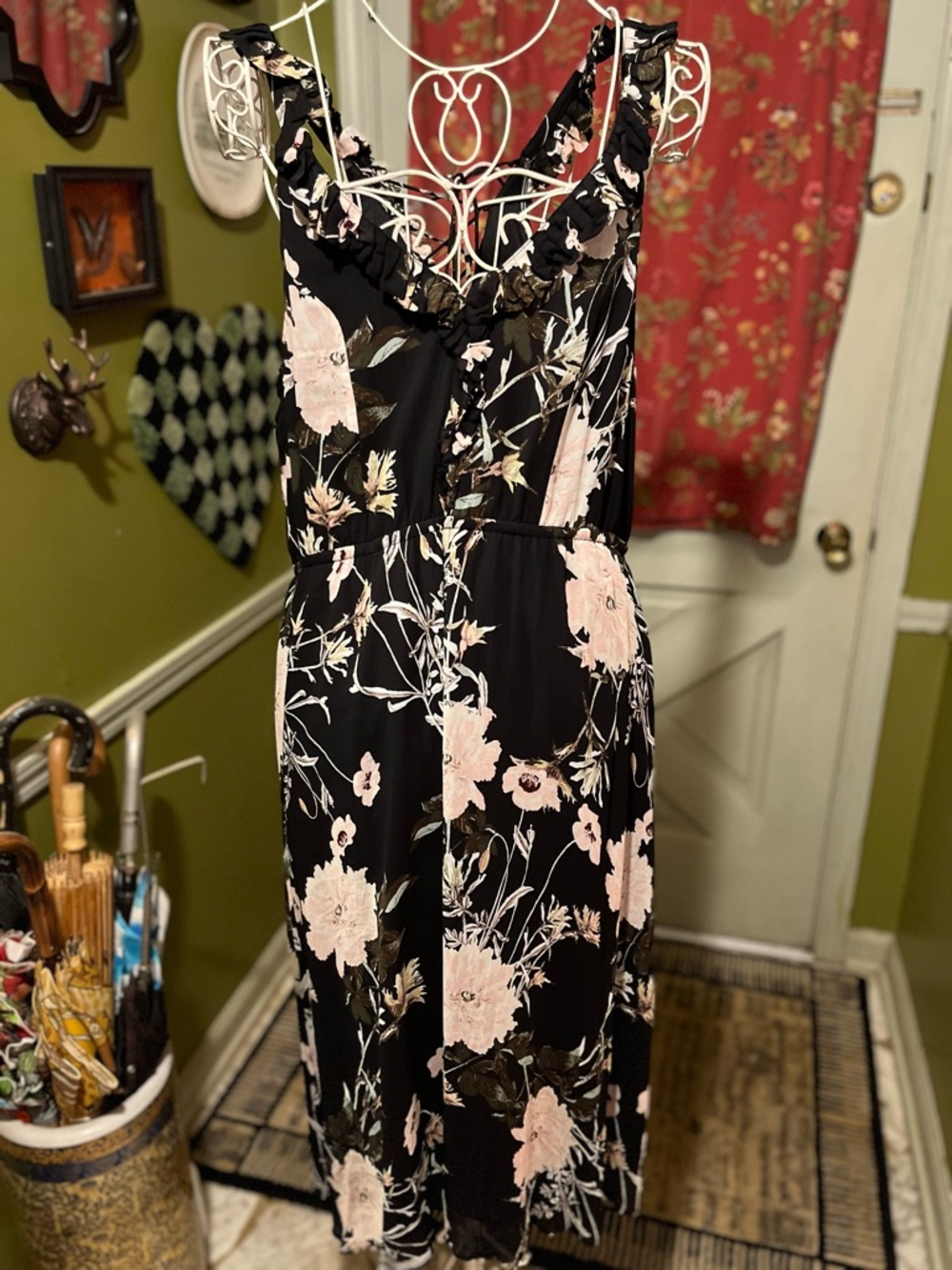 Lucky Brand Black Midi Dress with Pink Floral Print XL